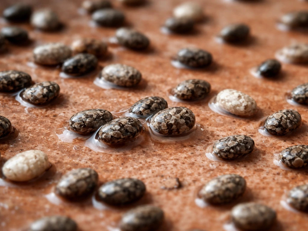 Close-up of damp chia seeds with gel coating forming on a terra-cotta style surface