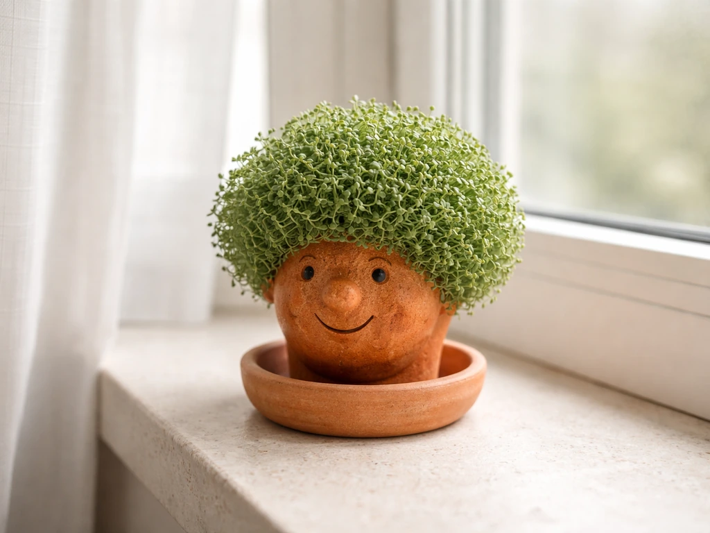 Chia pet on a sunny windowsill lit by bright indirect, diffused daylight.