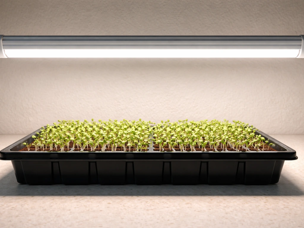 Chia seeds sprouting on a tray under fluorescent T5/LED shop lights, bars a few inches above