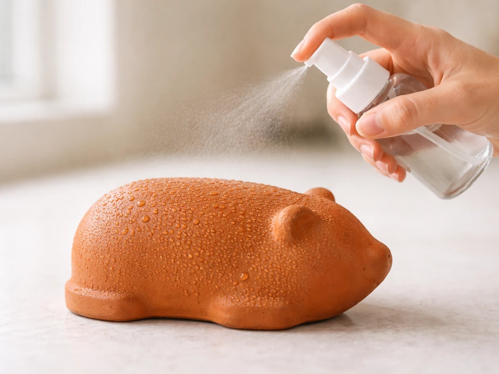 Misting a damp terracotta chia pet base to prevent drying and mold, on a clean countertop.