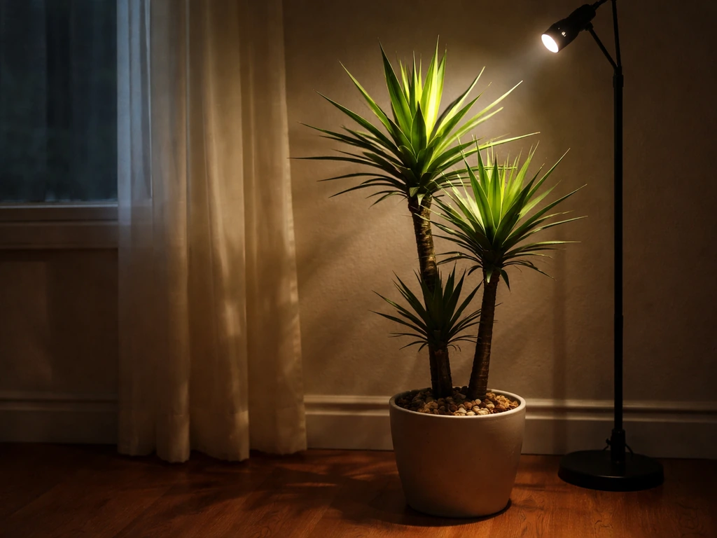 Yucca plant beside a dim window with a small grow light casting bright light onto leaves indoors