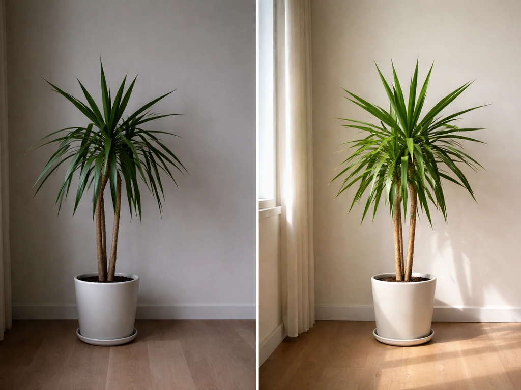 Potted yucca indoors showing stressed dim-light leaves and healthier growth in brighter light.
