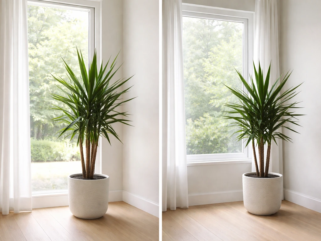 Indoor yucca plant near two windows showing close vs farther placement and leaf angle toward light.