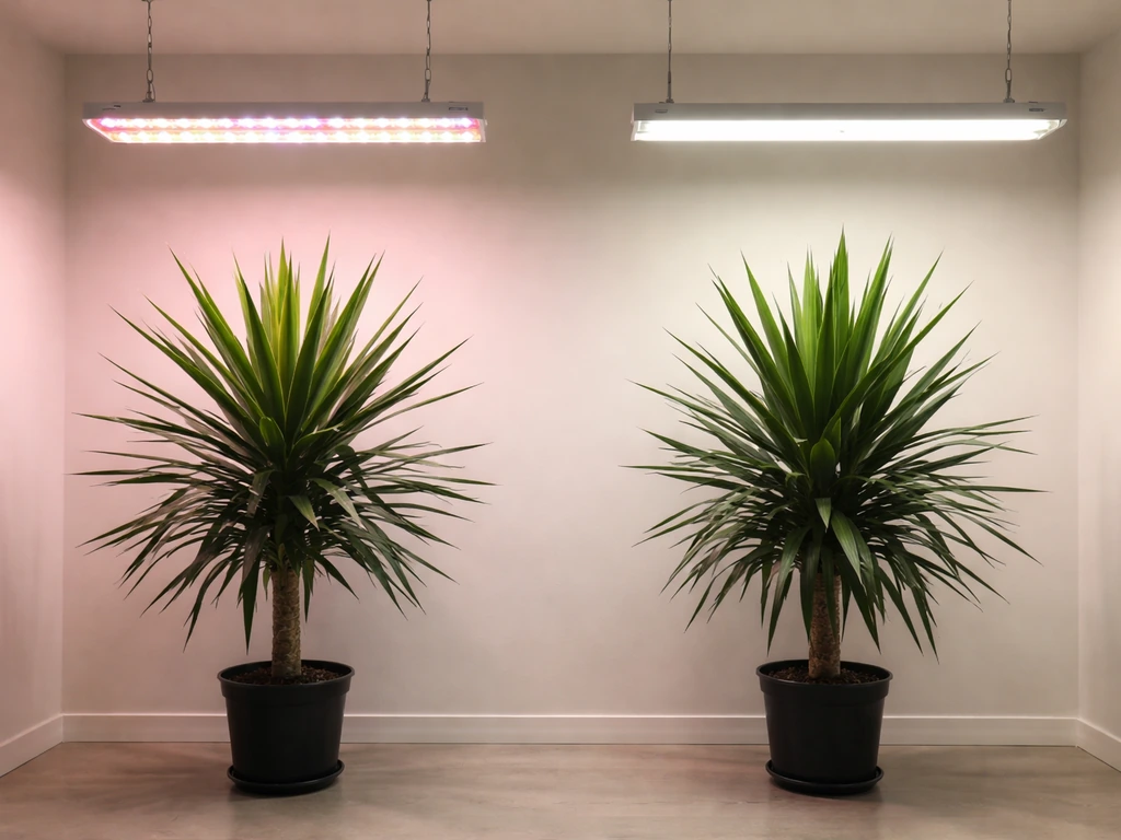 Two similar yucca plants under side-by-side LED and fluorescent grow lights in a simple indoor grow setup.