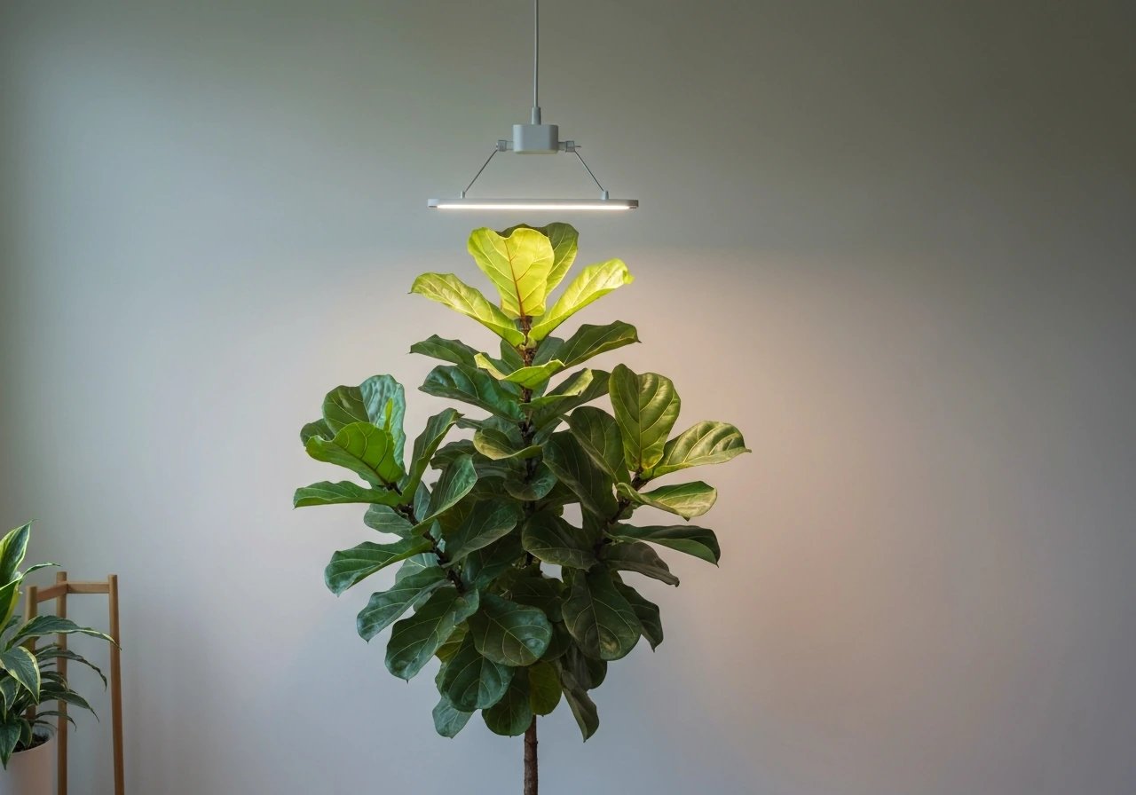 Fiddle leaf fig with an overhead LED grow light properly aimed to evenly light the canopy.
