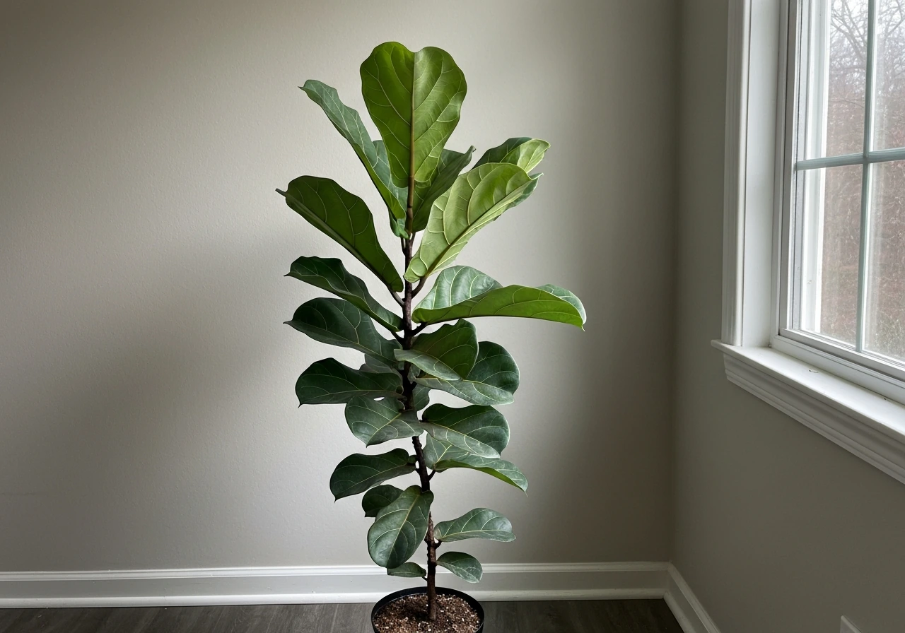 Fiddle leaf fig leaning toward a window with lighter, less dense leaves indicating it needs more light