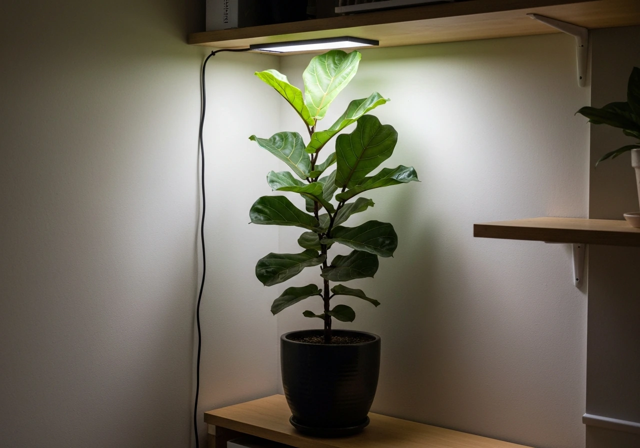 Fiddle leaf fig on a low shelf in a dim plant corner under an overhead shelf lip with a nearby grow light.