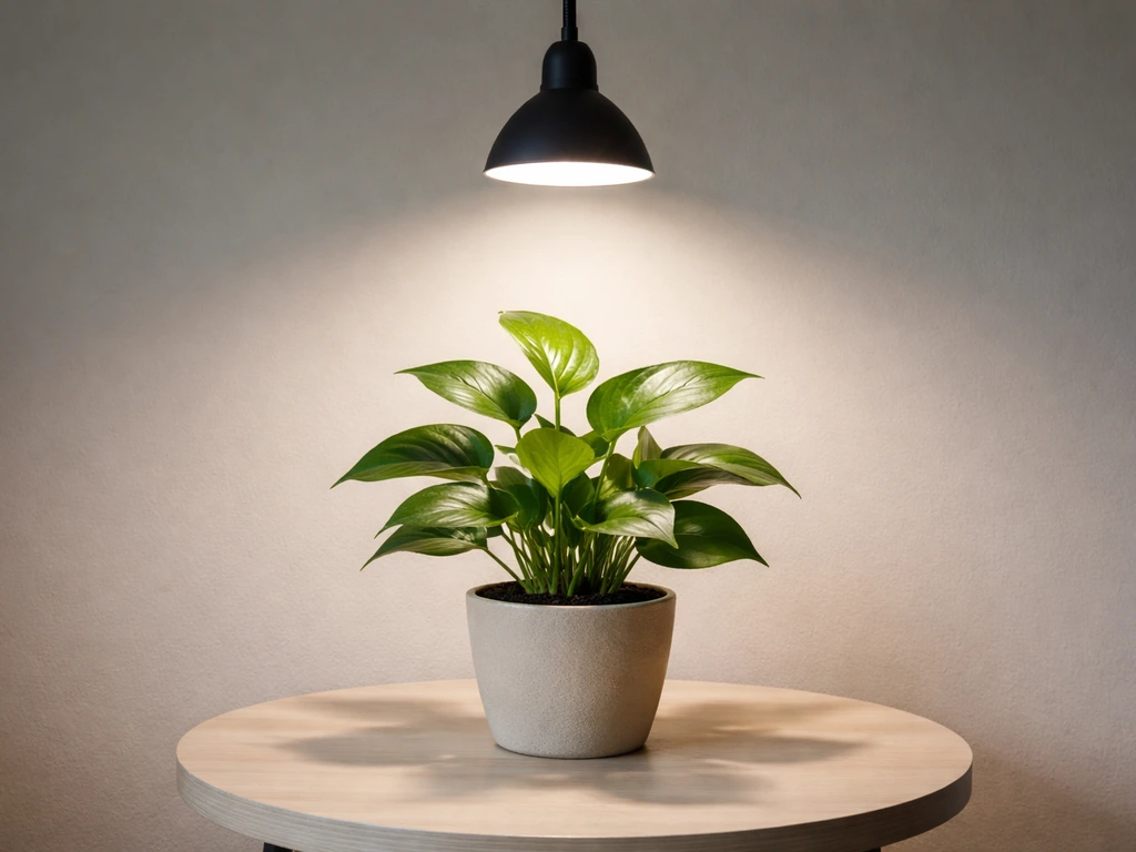Potted plant under a grow light centered above the main stem for even, balanced growth.