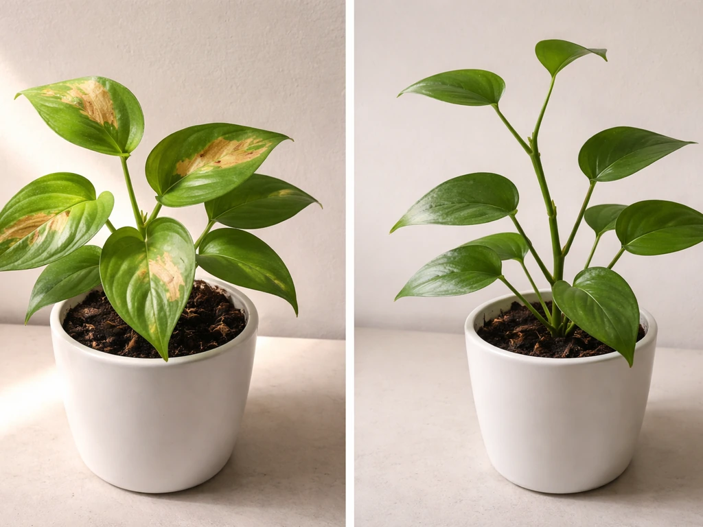 Two-panel photo comparing leaf burn with crispy brown patches vs leggy stretching growth from light placement.