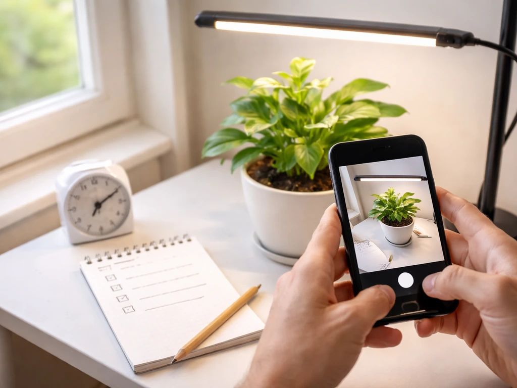 Hands using a phone to photograph an indoor plant for a baseline, with timer and blank checklist nearby.