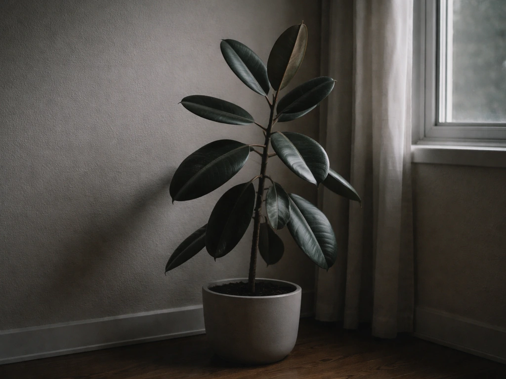 Rubber plant in a dim indoor room near a window, leaves slightly drooped, no direct sunlight.
