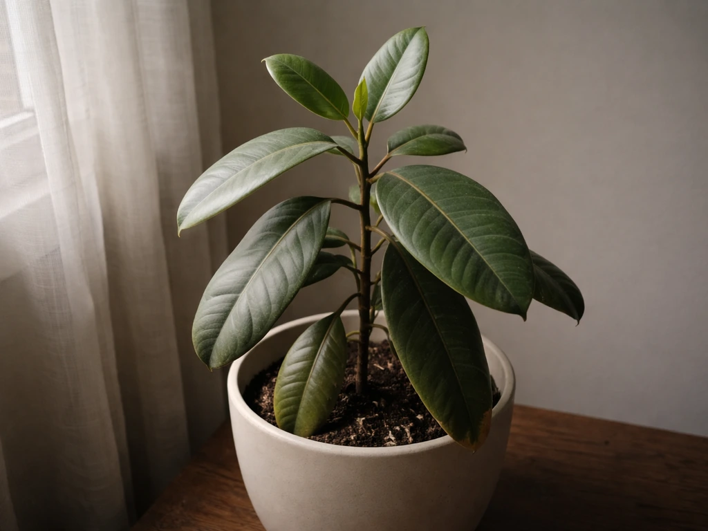 Rubber plant leaves in a dim room showing drooping and small new growth