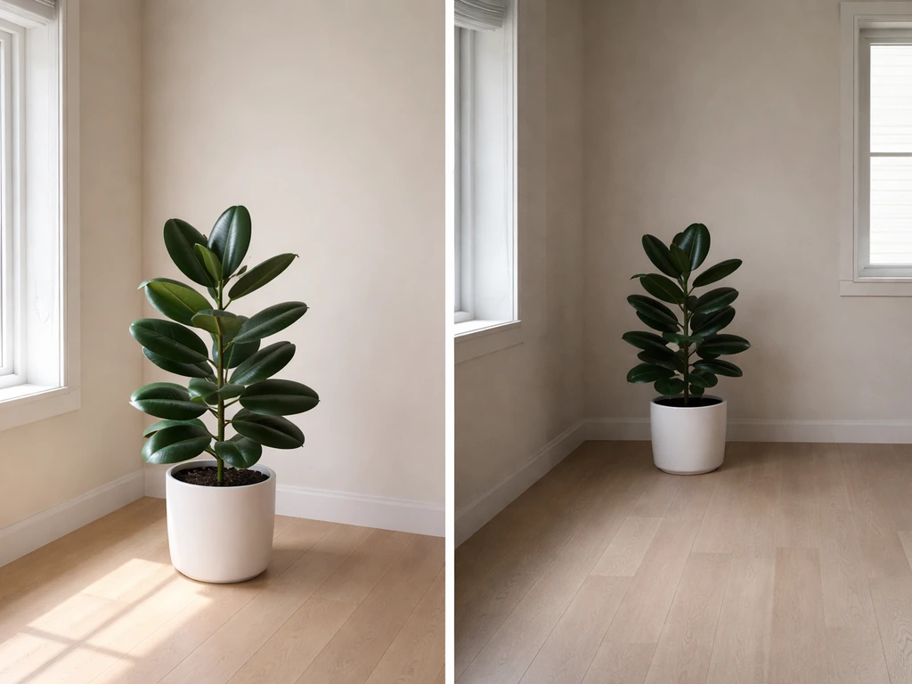 Rubber plant near a window looks brighter than the same plant placed across the room in dim light.