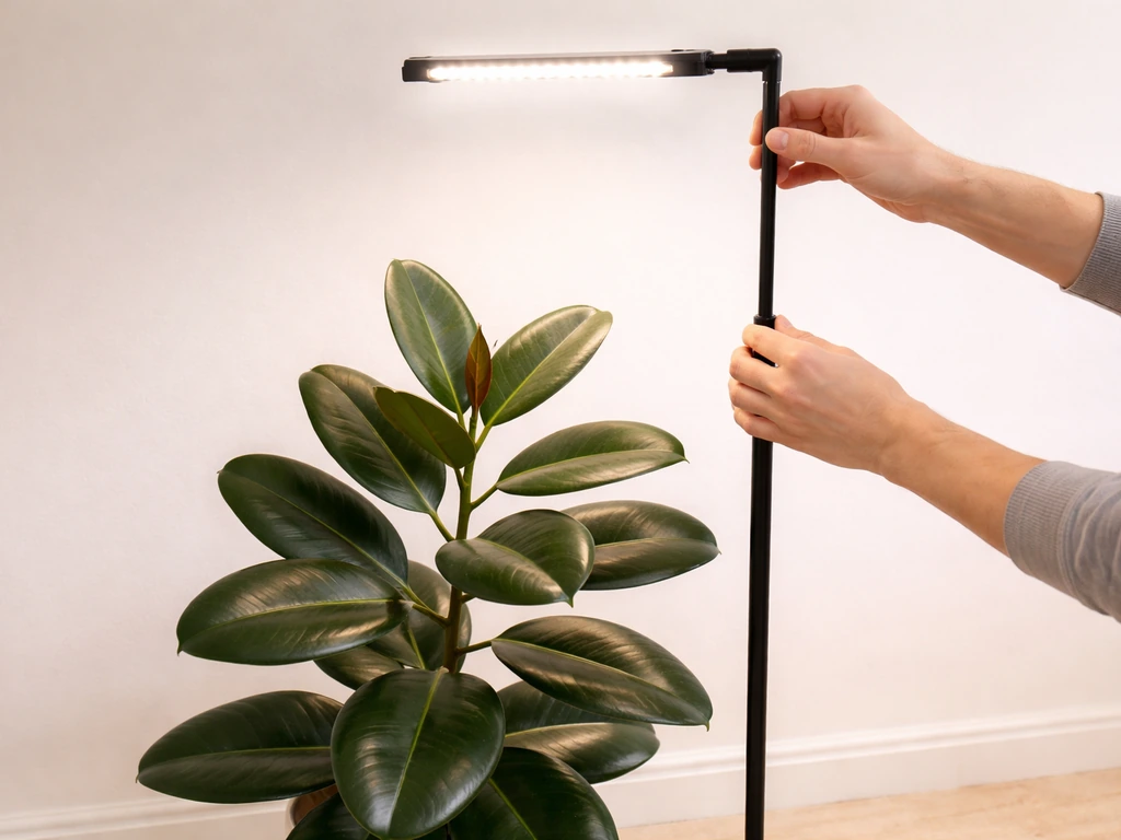 Hands adjust a grow light on a stand above a rubber plant, showing proper spacing.