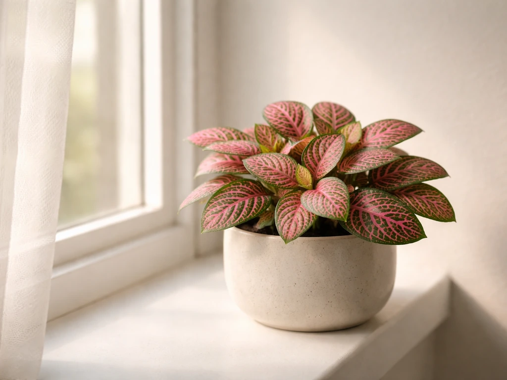 Thriving Fittonia on a windowsill under soft indoor light near a sheer-curtained window.