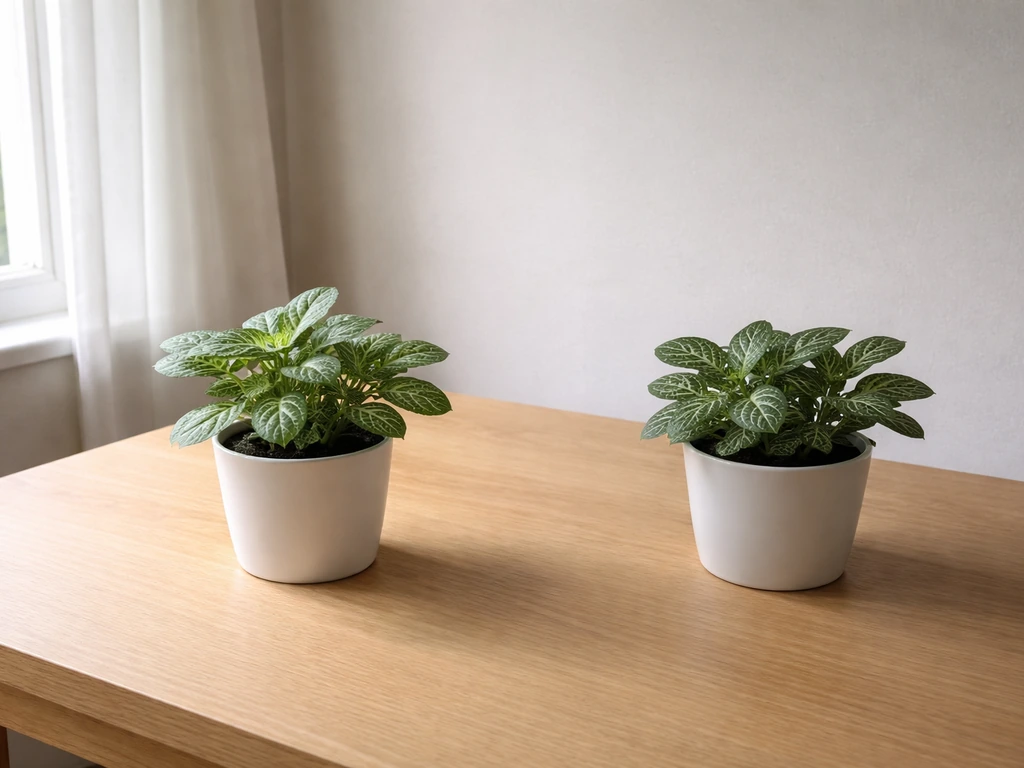 Two potted Fittonia plants side-by-side: near a window in brighter light and farther back in dimmer light.