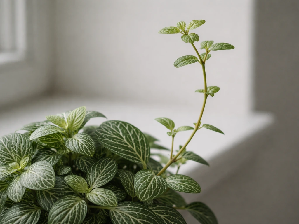 Fittonia plant showing leggy growth and smaller leaves in low light, against a simple indoor backdrop