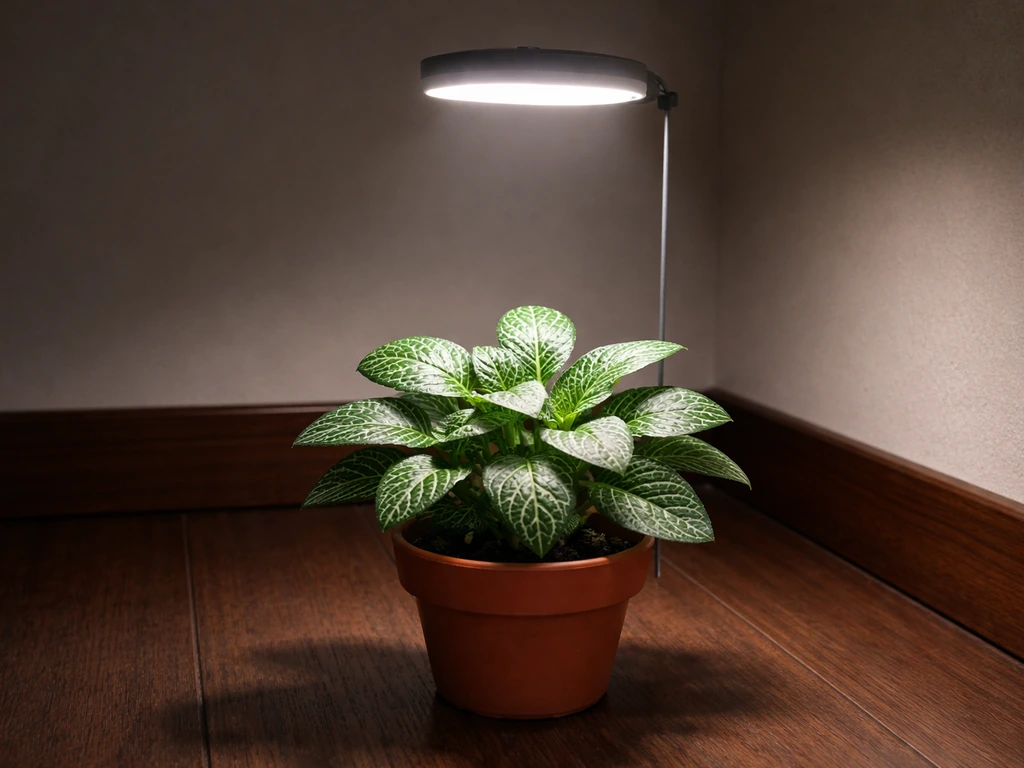 Fittonia in a dim corner under a compact LED grow light, glow illuminating the leaves.