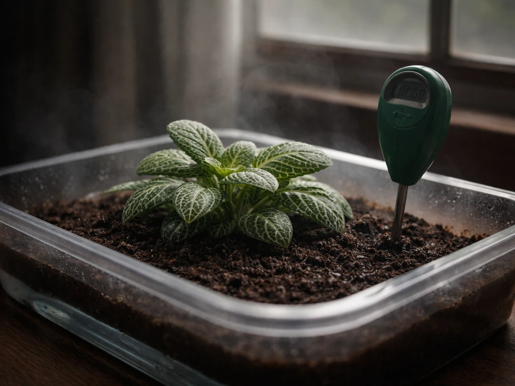 Fittonia in a shallow tray with damp soil under low light, moisture meter nearby, subtle humid mist.