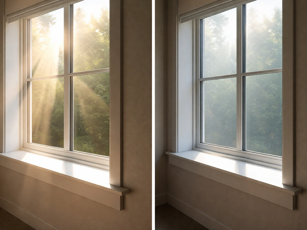 Split view of a window showing bright unfiltered sunlight on one side and dimmed tinted light on the other.