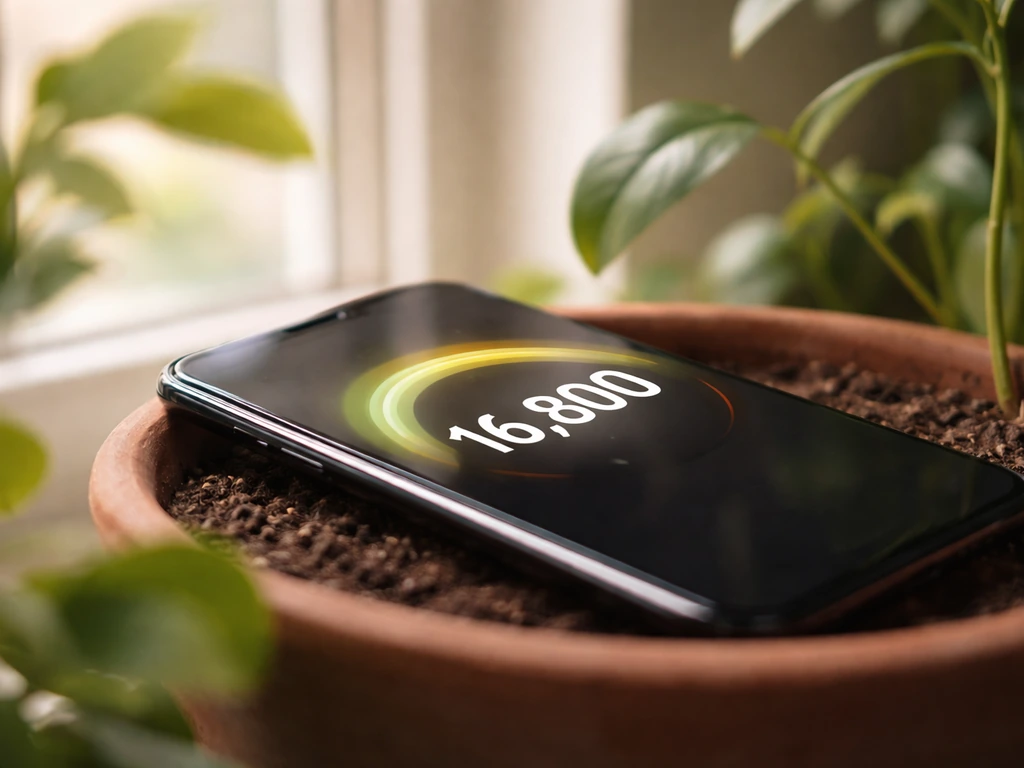Smartphone at plant height near a window displaying a lux reading on a light meter app screen