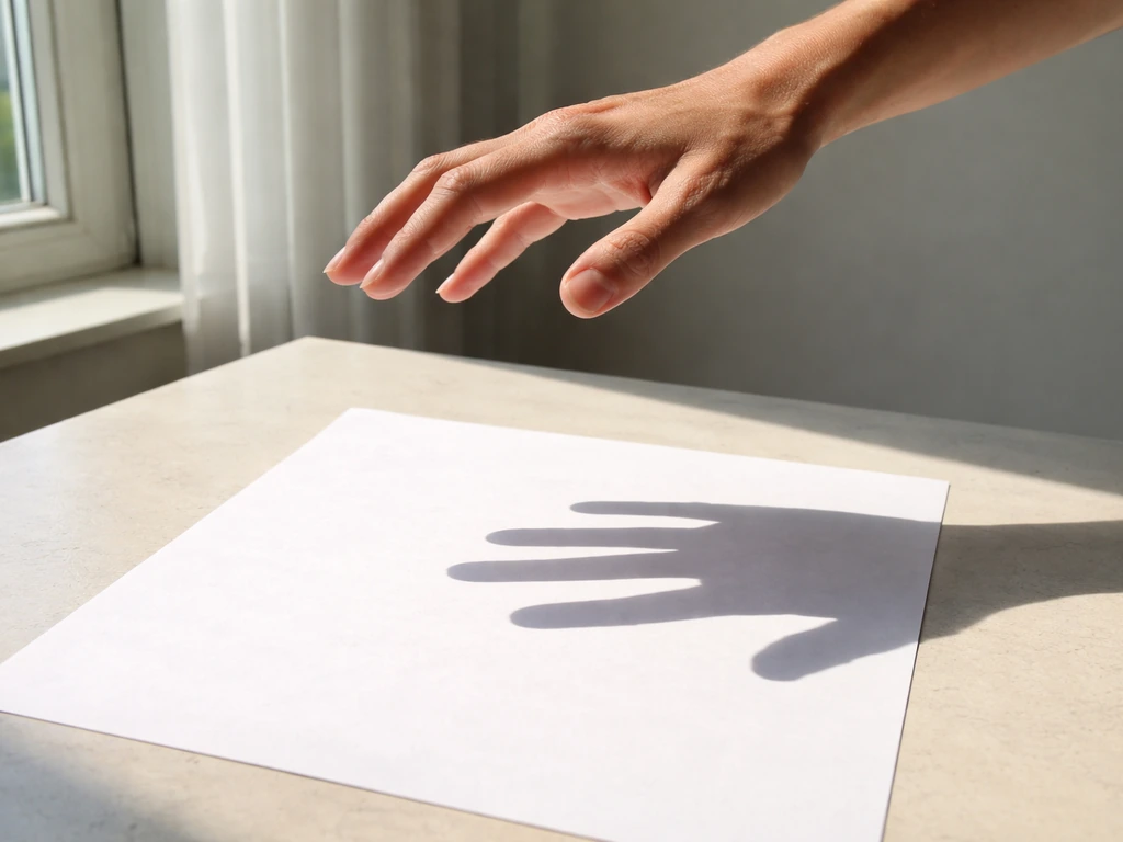 Adult hand hovering over a white paper sheet by a bright window with a sharp shadow visible