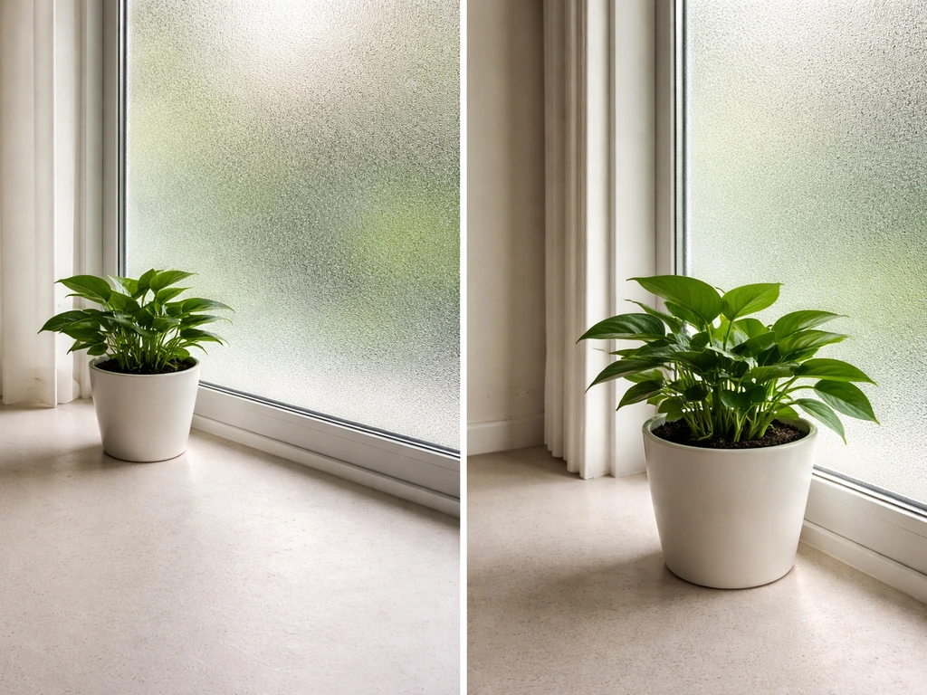 Two indoor potted plants placed at different distances from a window with visible film, showing closer-to-glass placemen