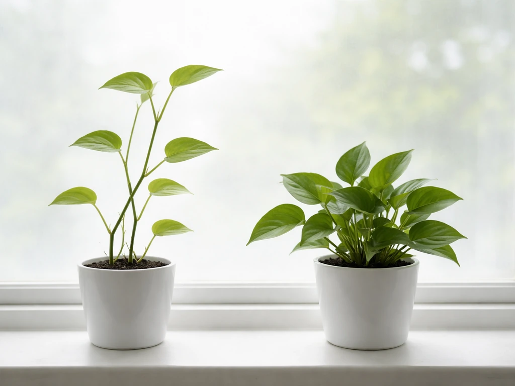 Two same-species houseplants by a window: one leggy and pale, the other compact and green.