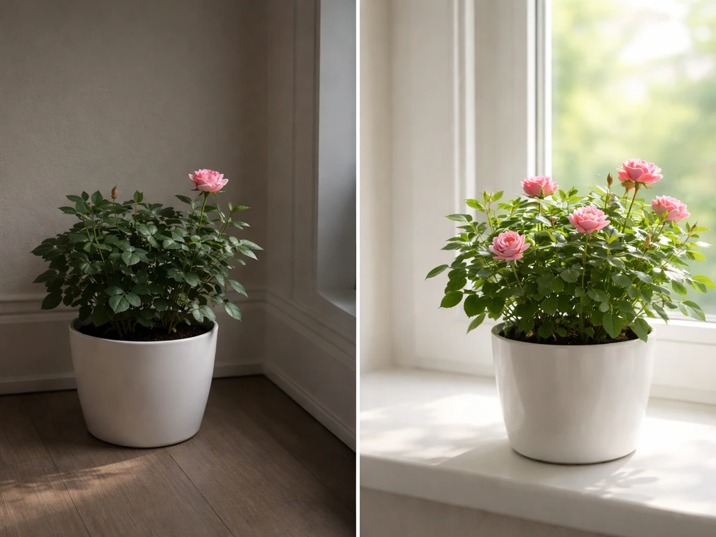 Two potted rose plants side by side—one in dim indoor light, the other in brighter window light.
