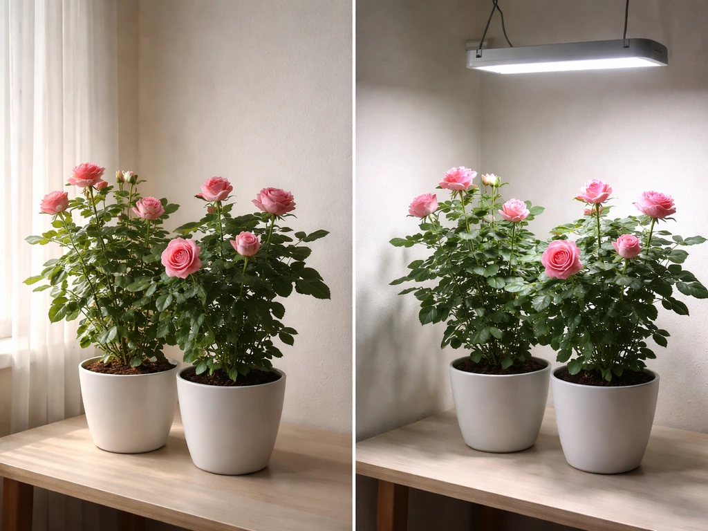 Two nearby rose plants: one lit by a sunlit window, the other under an LED grow light.