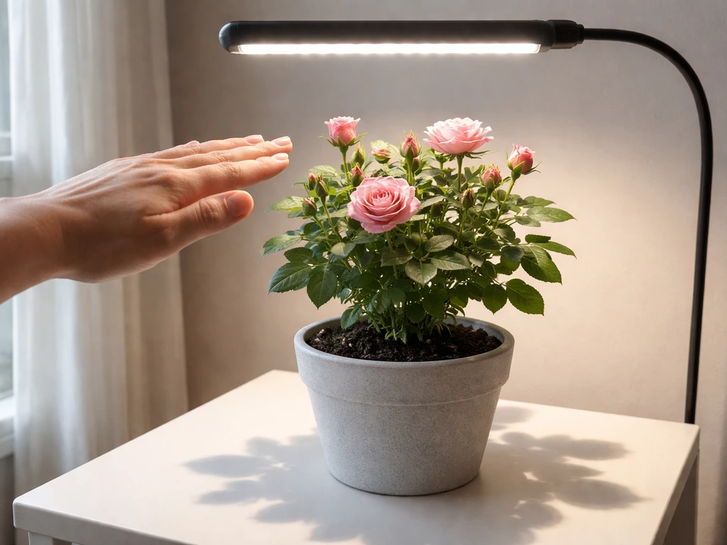 Indoor potted rose under an LED grow light, with a hand placed 12 inches below to show shadow intensity.