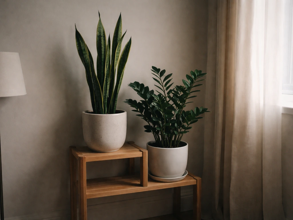 Dim indoor corner with snake plant and ZZ plant in soft indirect light, no direct sunlight.
