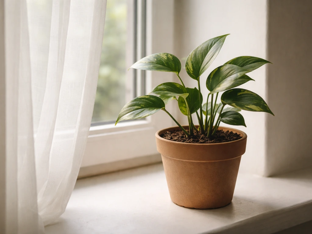 A potted indoor plant by a window in dim indirect light behind a sheer curtain.