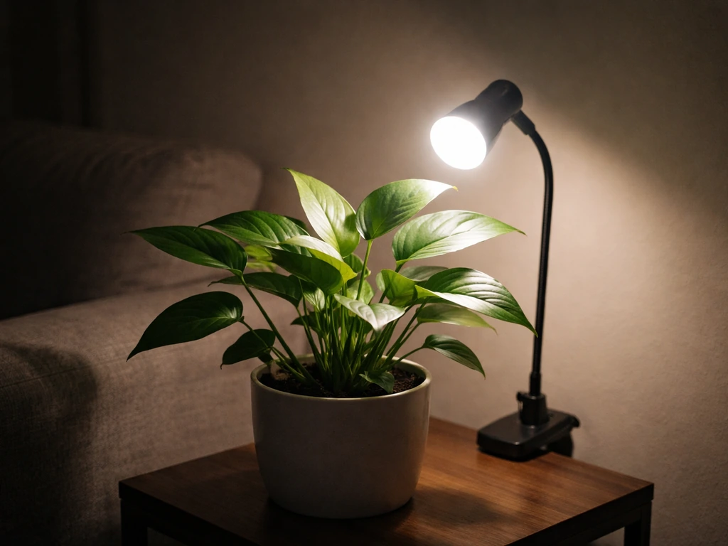 Full-spectrum LED grow bulb shining over a low-light houseplant in a dim room.