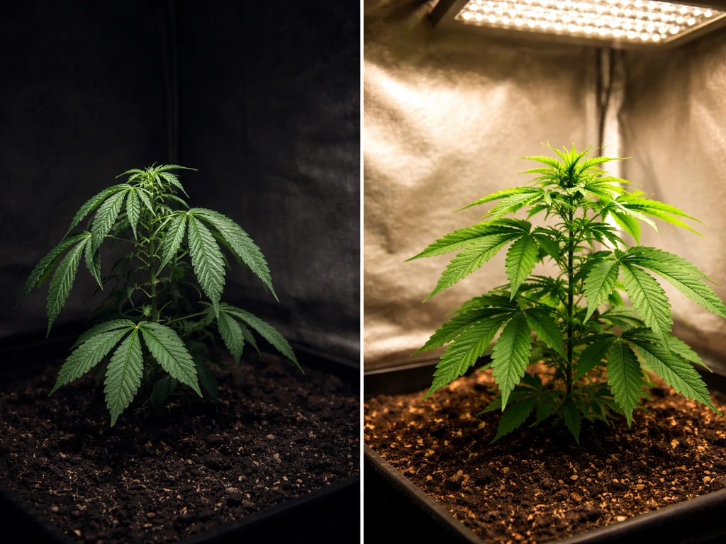Side-by-side cannabis plants: one pale and drooping in darkness, one green under an LED grow light.
