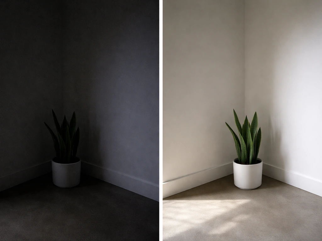 Split scene of a dark windowless room and a nearby room where indirect daylight softly reaches a plant.