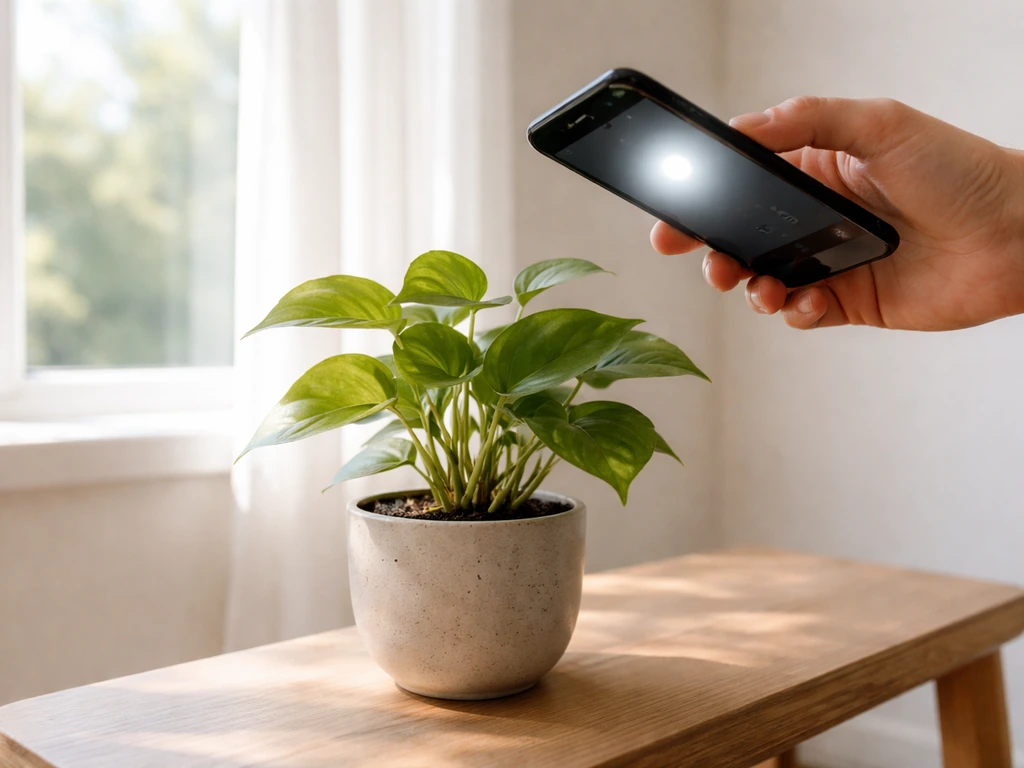 Smartphone using a light meter app aimed at a leafy plant by a bright window.