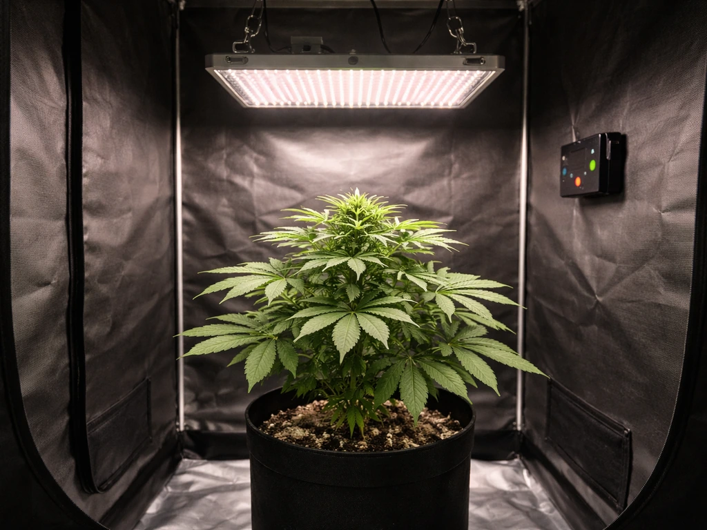 LED grow light panel mounted above a cannabis plant inside a minimal grow tent with a small controller.