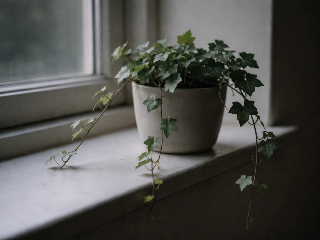 English ivy trailing from a small pot near a dim window, lit softly to suggest low-light tolerance.