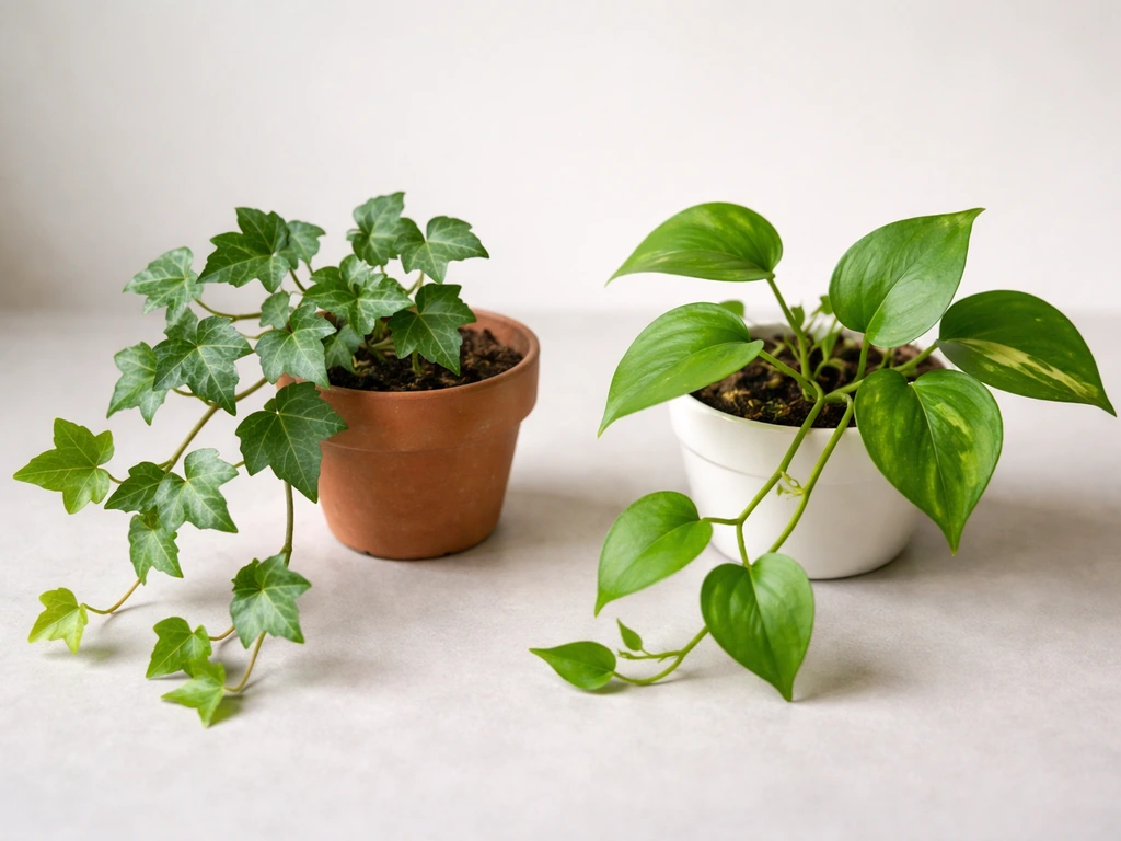 Side-by-side sprigs showing English ivy lobed leaves and pothos heart-shaped leaves in simple pots.