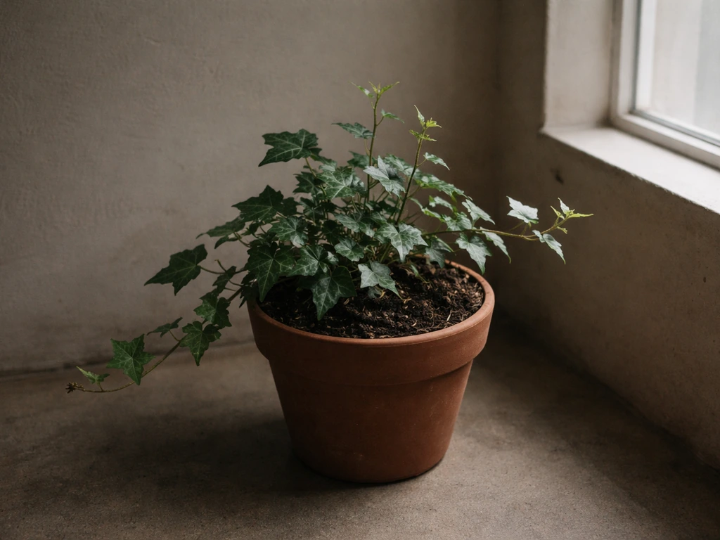 English ivy in a dim corner near a window with sparse, slow new vine growth