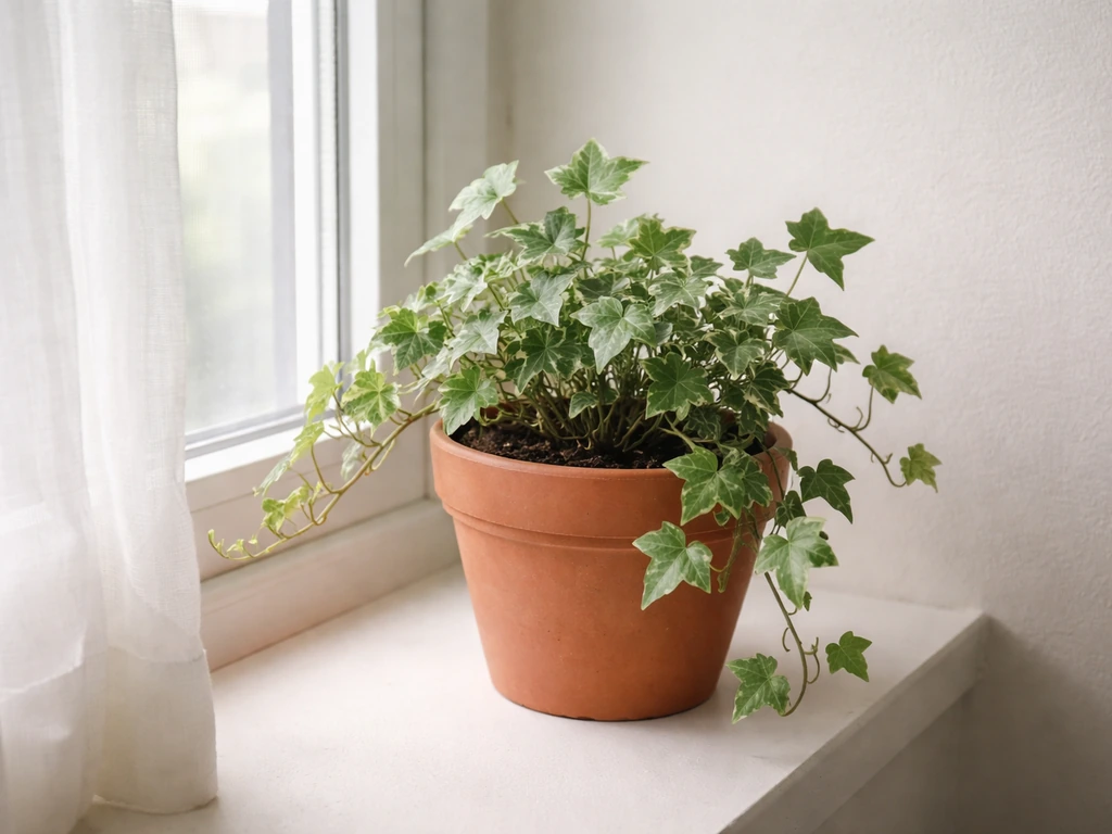 Low-light ivy in a pot placed close to a north window with a sheer curtain, maximizing light