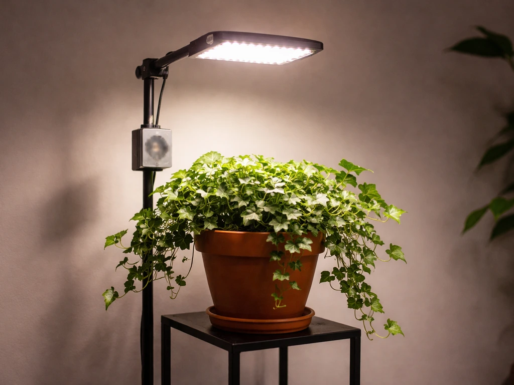 Full-spectrum LED grow light over an ivy plant on a stand in a dim room with no window.