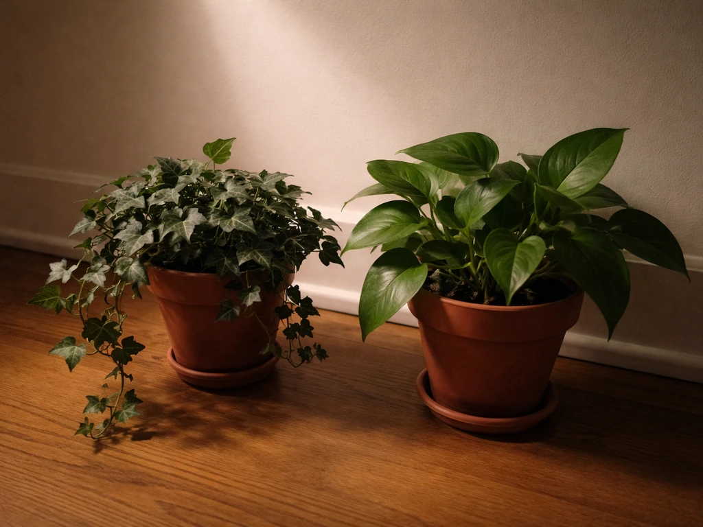 Two houseplants in dim corner: English ivy in one pot and pothos in another, compared visually