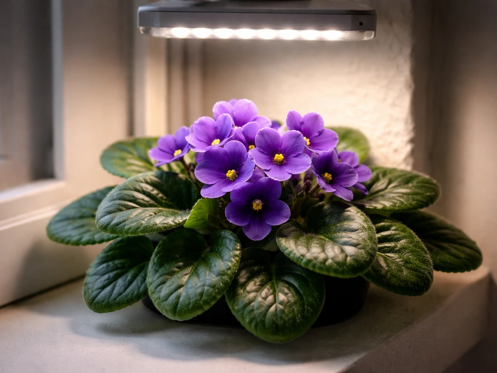 Close-up of an African violet under a compact LED grow light with bright purple blossoms and green leaves.
