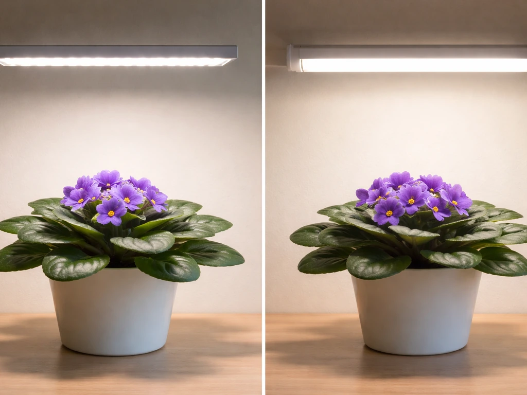 Two African violets side-by-side, one lit by an LED grow bulb and the other by a fluorescent tube.