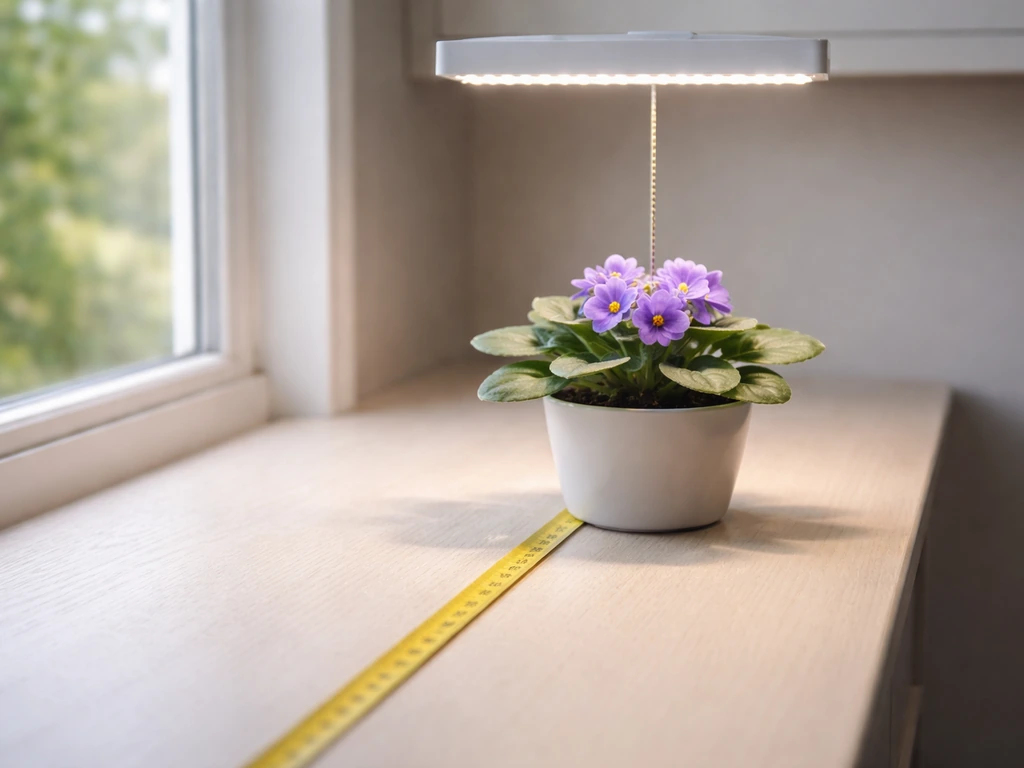 African violet under a grow light with a measuring tape showing the light-to-plant distance.