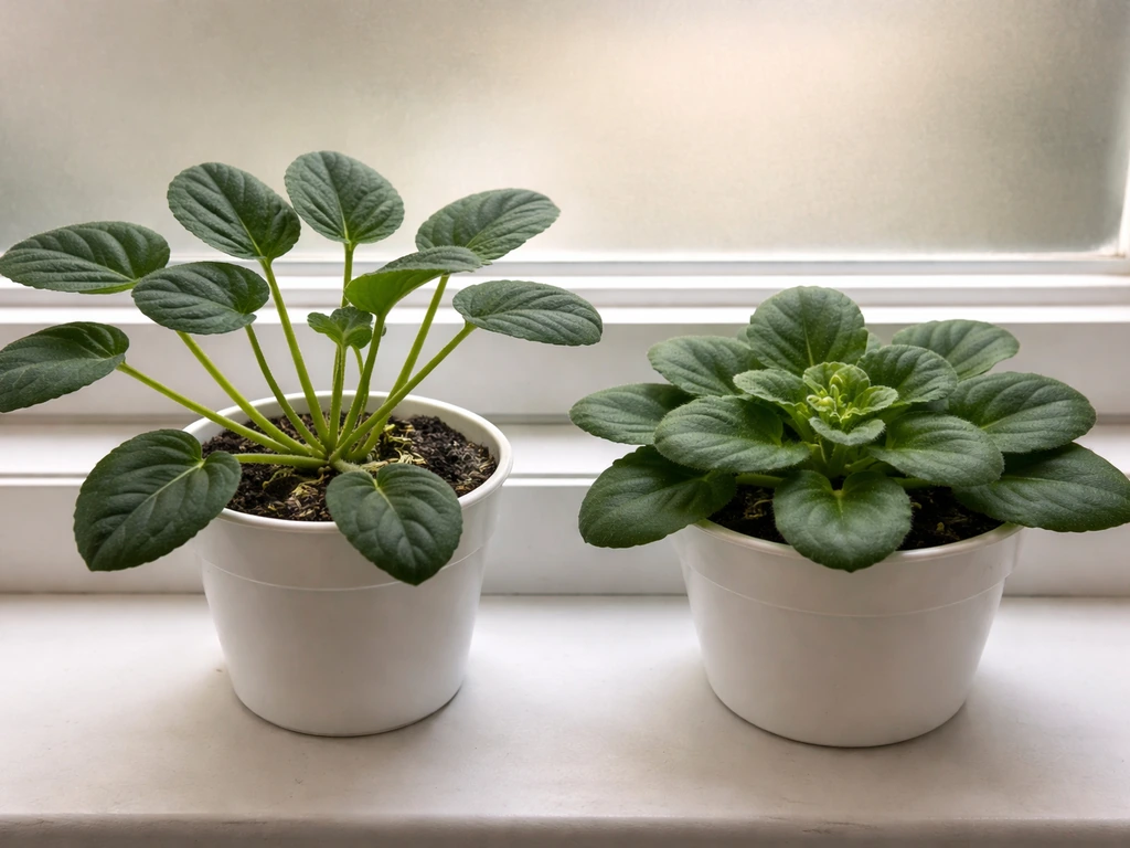 Two African violets side by side: one leggy and sparse, the other compact with buds under light