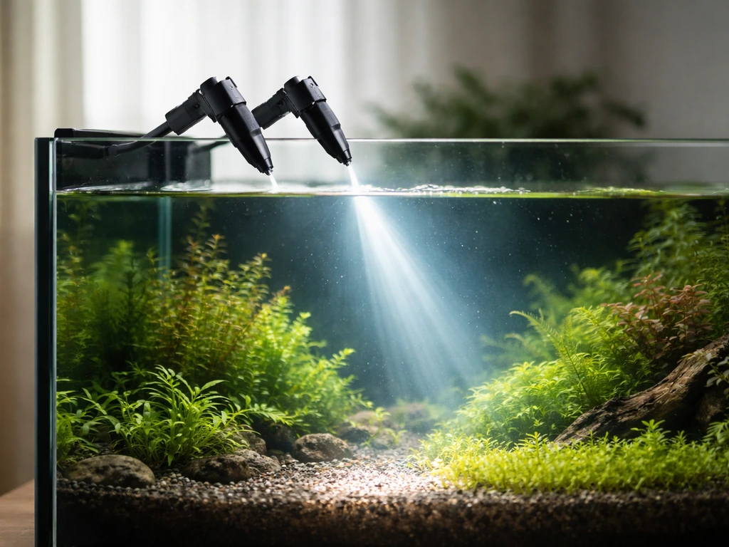 Aquarium with a visible overhead light beam and small light sensors measuring near the water surface.