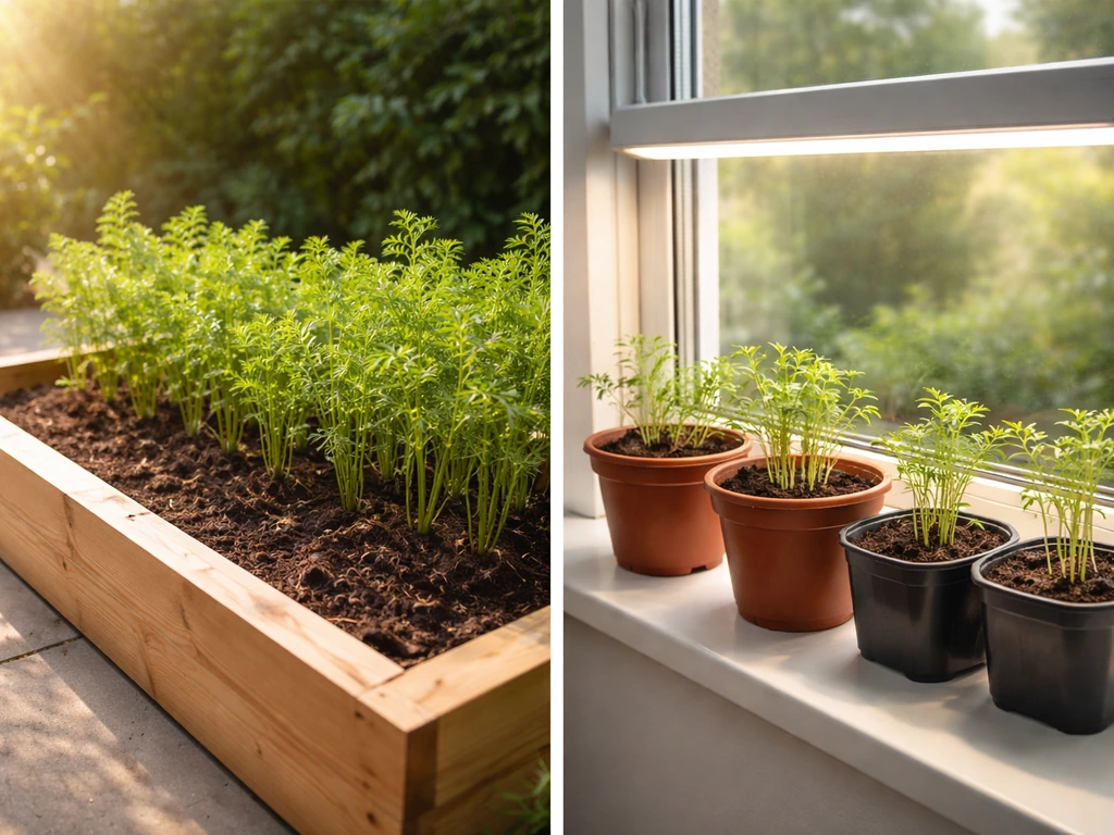 Carrot plants in a sunny raised bed beside an indoor windowsill and a simple grow-light setup